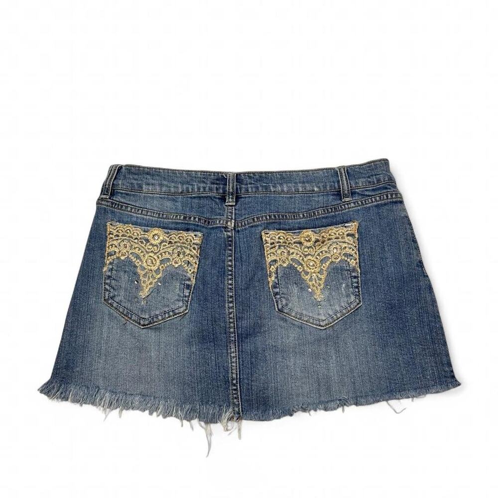 XXI Vintage Denim 97%Cotton Mini Skirt Studded Sequin Mcbling Pockets Size M